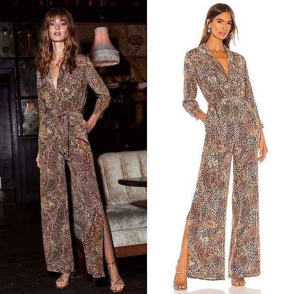 NWT L’AGENCE 70s Silk Paisley Leopard Tie Waist Button Up 3/4 Sleeve Jumpsuit S - Picture 1 of 15
